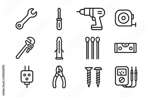 Outline icons of hand tools and electric devices on black background