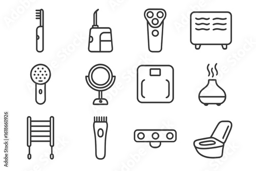 Household appliance icons: heater, mirror, hairdryer, scale, humidifier