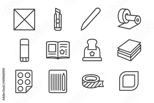Gray office supplies icons on textured background for stationery design