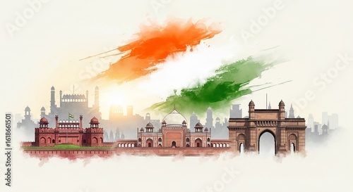 Watercolor Skyline of India's Famous Monuments with Tricolor Flag Background