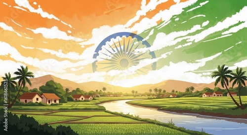 Indian flag colors in the sky over a serene rural village landscape with a river.