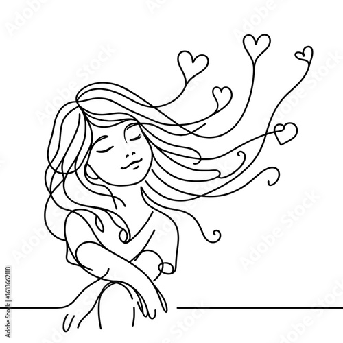 Dreamy girl with flying hearts around outline drawing, vector, black line drawing, minimalistic, single line, simple line, isolated, transparent background