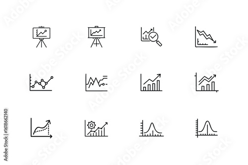 Collection twelve line art icons representing various financial statistical graphs