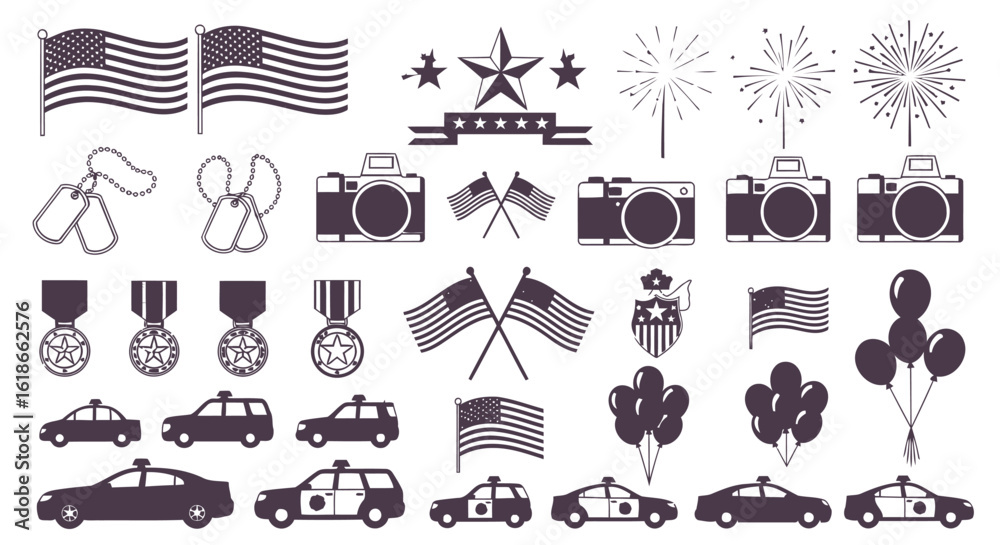 Fototapeta premium Vector illustration of collection of american patriotic symbols including flags, medals, police cars, cameras, fireworks, and balloons, isolated on a white background