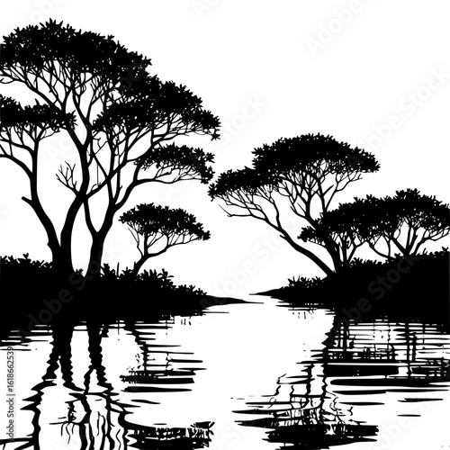Vector silhouette of marshland with reeds and a heron on still water at sunrise