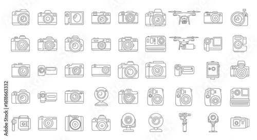 Vector illustration of collection of various camera types and photography equipment, including dslrs, mirrorless cameras, action cameras, drones, and webcams, isolated on a white background