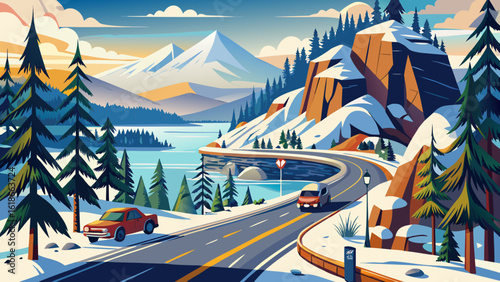 Travelling the Island Highway in winter; Vancouver Island, British Columbia, Canada reveals snow-dusted trees and winding roads. Semi-realistic vector style captures cold light, mountain curves, and s