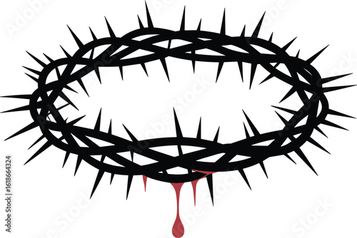 Black crown of thorns with dripping red blood on white background Jesus Christ religion