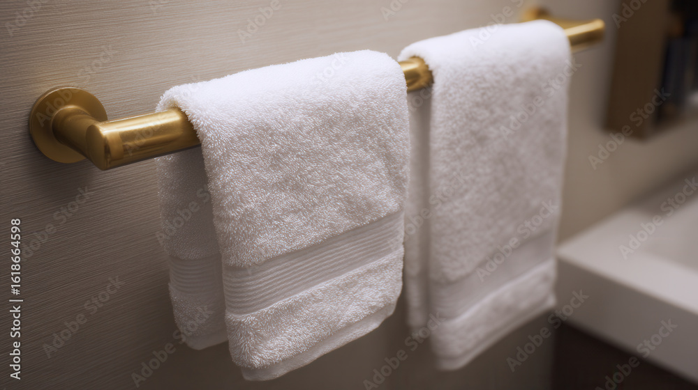 Obraz premium Elegant close-up of crisp white towels hanging on a luxurious brass rack in a sophisticated hotel bathroom setting