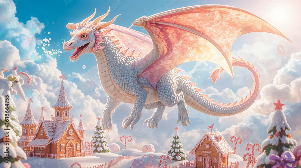 Fototapeta premium Whimsical Dragon Over Candy Village