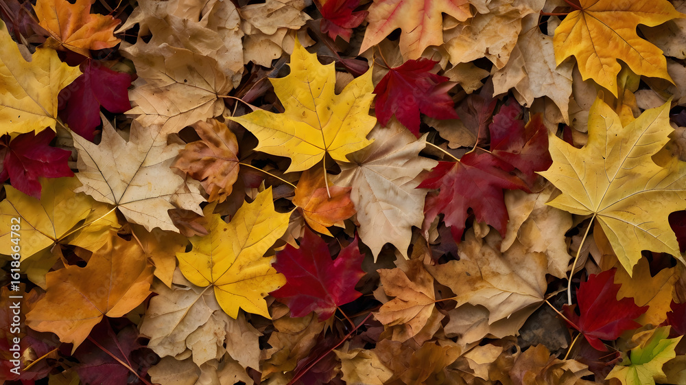 Fototapeta premium Close-Up of Autumn Maple Leaves in Red, Yellow, and Brown Lying on the Ground