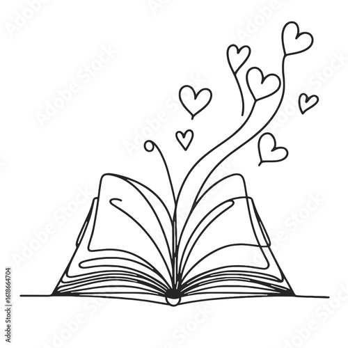 Open book with flying hearts, vector, black line drawing, minimalistic, single line, simple line, isolated, transparent background