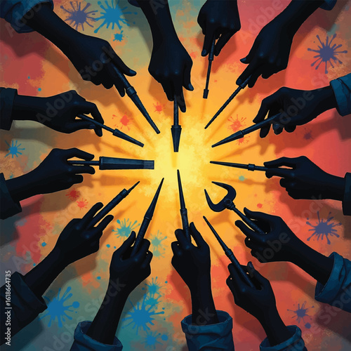 Teamwork and collaboration concept vector illustration Colorful abstract art of many hands with tools pointing to a glowing center