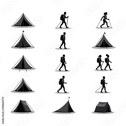 Camping and hiking vector silhouette icon set Greyscale illustrations of tents and hikers with backpacks for outdoor adventure concepts