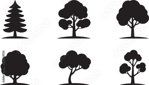 A set of black tree silhouettes showcasing various tree types, including conifers, round-top trees, and more intricate tree shapes