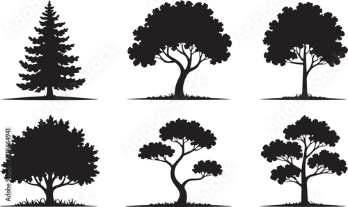 A set of black tree silhouettes showcasing various tree types, including conifers, round-top trees, and more intricate tree shapes