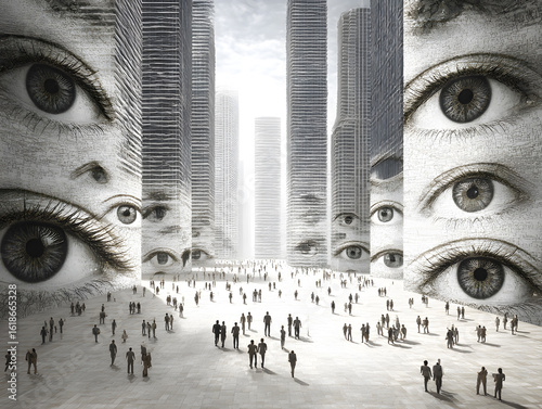 Surveillance city eyes watching the urban landscape. Concept of being seen and watched. 