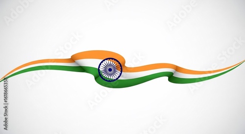 Stylized Indian flag as a flowing tricolor ribbon with the Ashoka Chakra on a white background.