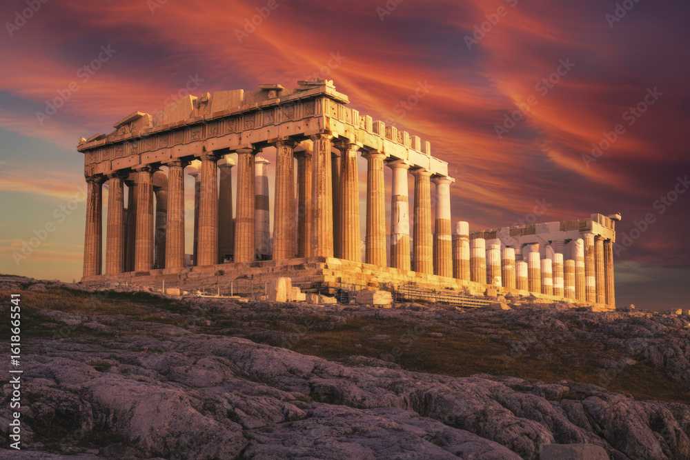 Fototapeta premium Ancient Greek temple columns illuminated by sunset