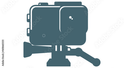 Vector illustration of action camera with waterproof housing and tripod mount, isolated on white background