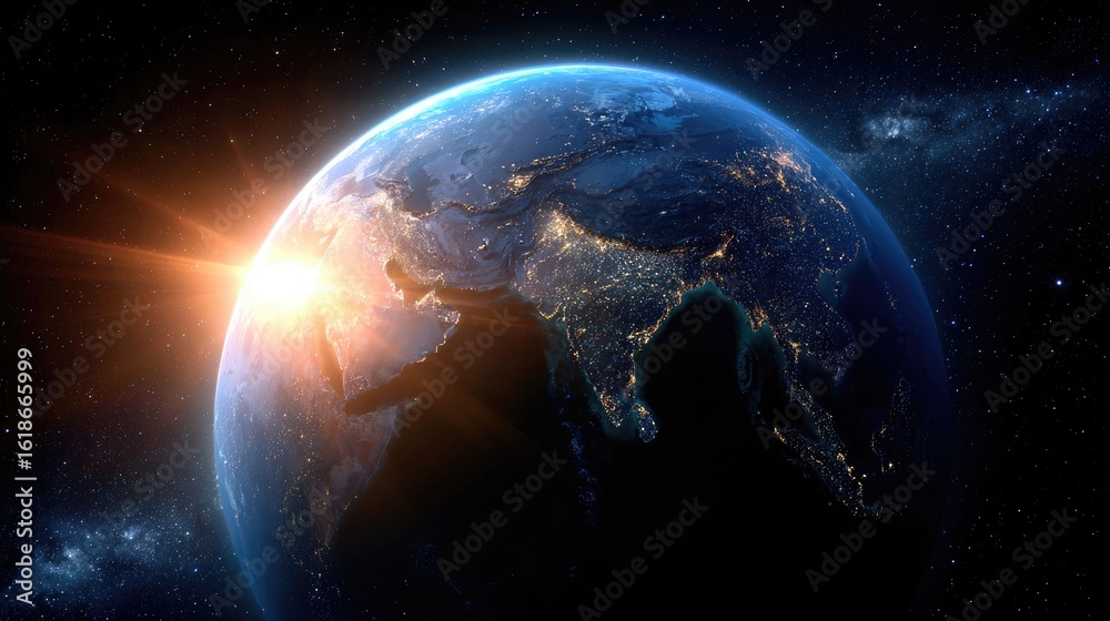 Fototapeta premium Sun rising over Earth, illuminating Asia's city lights against a backdrop of starry space, showcasing atmospheric detail