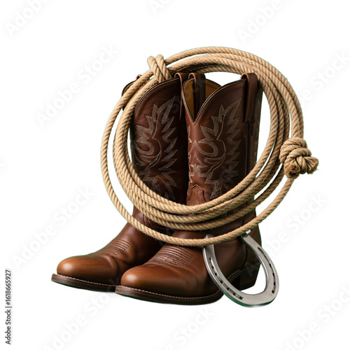 Classic western cowboy boots and lasso rope arranged together with a horseshoe on a transparent background isolated on transparent background