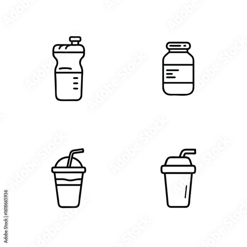 Four outline icons drinks supplements on bottle straw
