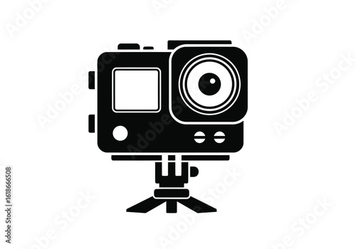 Vector illustration of black action camera on a tripod, isolated on white background, a compact digital video recording device for capturing adventures and sports