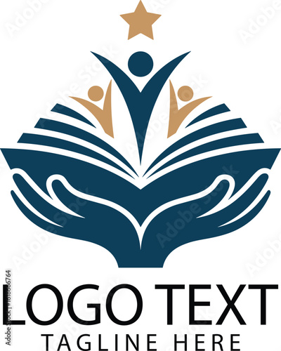 Open book with hands and figures reaching for star logo education learning
