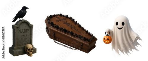 Halloween transparent set Tomb, Coffin and Little Ghost
