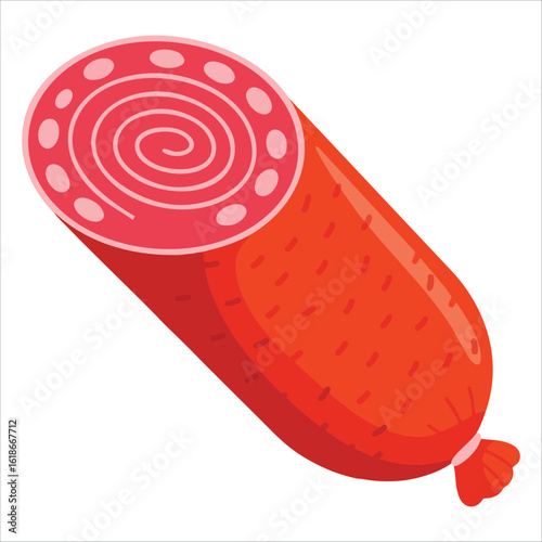 Set of boiled pork, frankfurter, smoked sausage, sliced and whole sausage. Isolated color vector illustration of food and meat dish on white