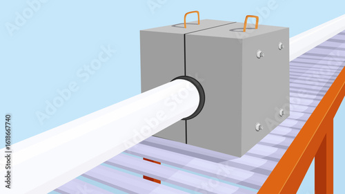 Pipeline with concrete blocks passing over rollers. Subsea pipeline installation. Vector illustration.