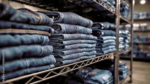 Rack of organized layout of folded dark blue denim jeans stacked in retail store shelves, fashion clothing display for shopping mall, casual wear, blurred background with warm lighting ambiance