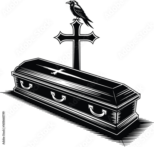 Coffin with a cross and a raven on a white background casket death
