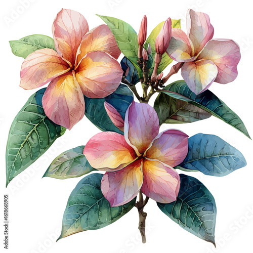 Plumeria Rubra, watercolor clipart vector, isolated on a white background.