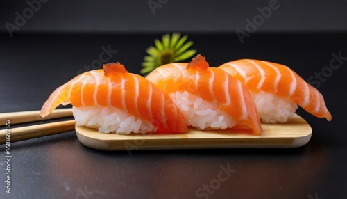 Fresh salmon sushi with chopsticks. Generated with AI
