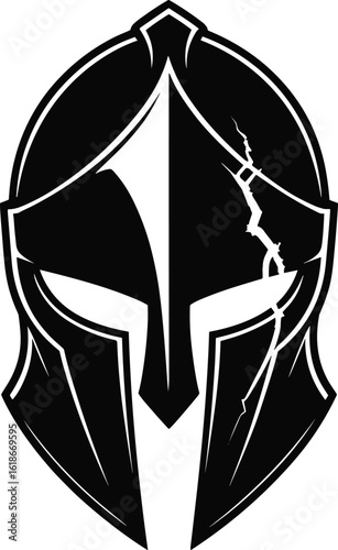 Black Spartan Warrior Helmet with Cracks on White Background spartan helmet ancient Greece