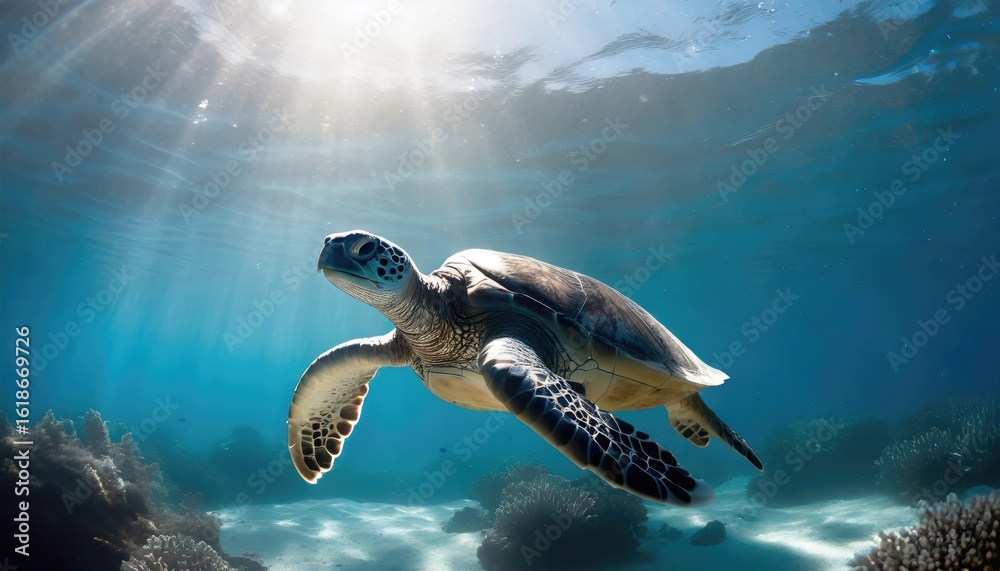 Obraz premium Underwater photographs of swimming sea turtles. Generated with AI