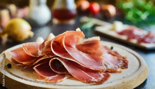 Thin slices of Spanish serrano ham. Generated with AI