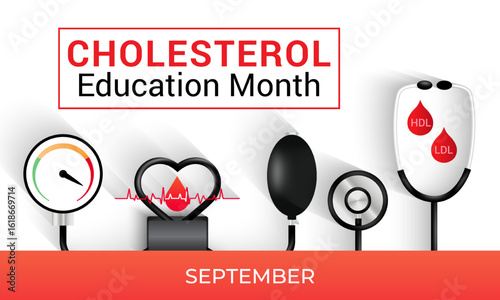 National Cholesterol Education Month in September raises awareness about the dangers of high cholesterol and promotes heart-healthy habits. Banner poster, flyer and background design template.