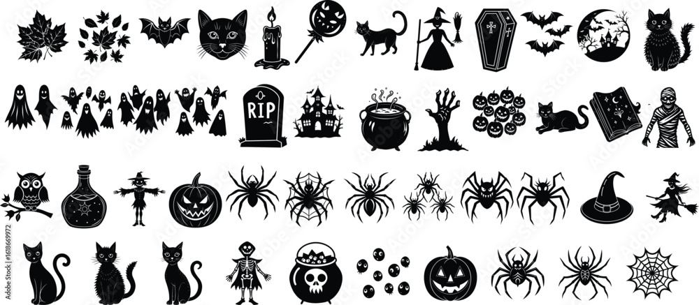 Naklejka premium Halloween Scene. Set of elements for Halloween. Collection of black silhouettes.