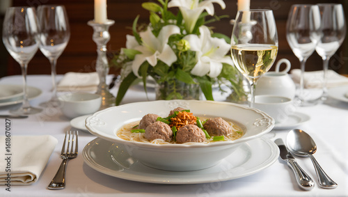 Bakso served in a high end restaurant setting, with wine glass and elegant table setup, fine dining concept