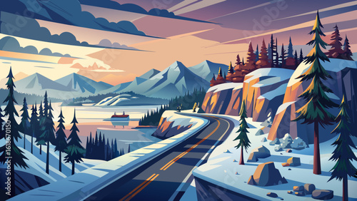 In travelling the Island Highway in winter; Vancouver Island, British Columbia, Canada, quiet landscapes unfold beneath pale skies. Semi-realistic textures show frost-covered pines, gentle slopes, and