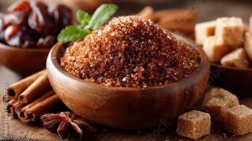 Brown Sugar in Wooden Bowl with Cinnamon Sticks, Star Anise, and Dates