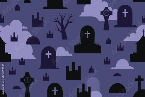  a spooky, seamless pattern of dark, silhouetted tombstones and a bare tree against a backdrop of purple clouds and a dark night sky, ideal for halloween vector illustration