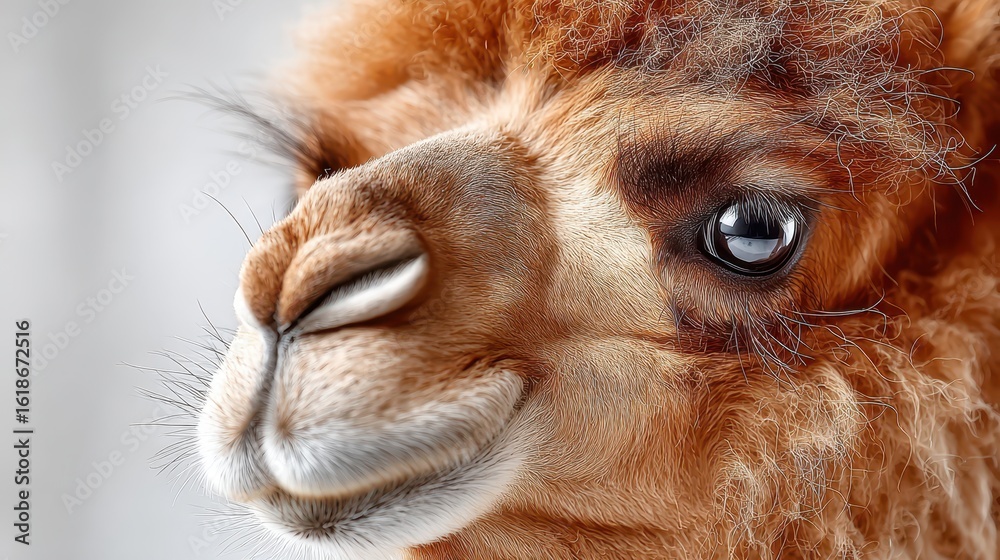 Naklejka premium Close-up Portrait of a Brown Alpaca Face with Detailed Fur and Eye