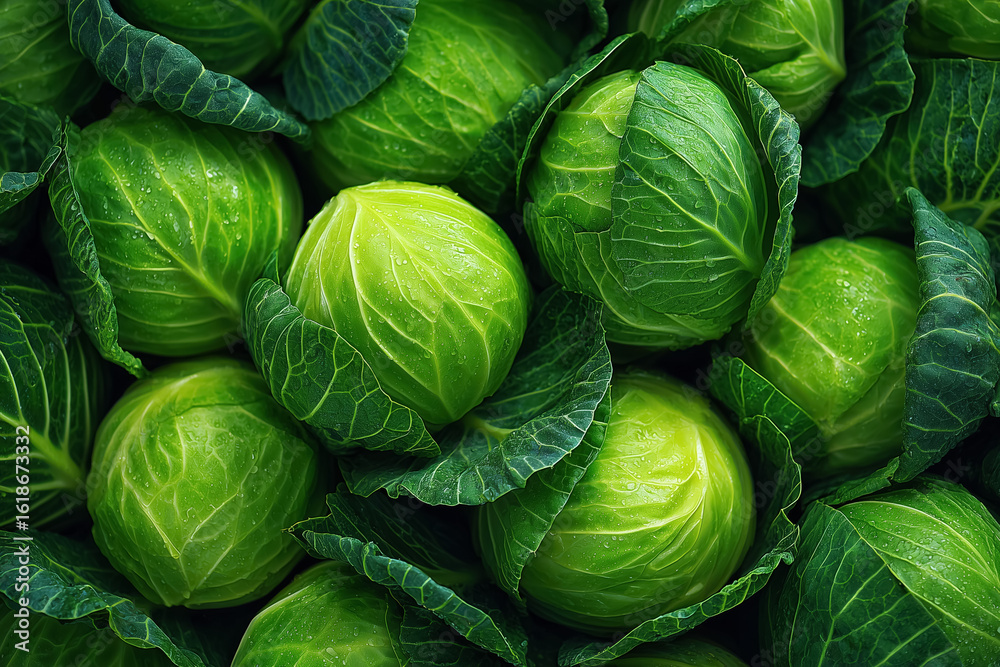 Fototapeta premium Fresh green cabbages with dewy leaves in abundant display