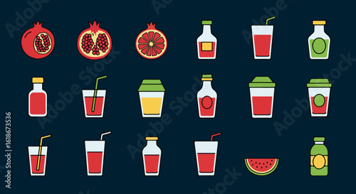 Fruit Juice Drinks Icon Set, Healthy Beverage Vector Pack, Editable Natural Liquid Icons