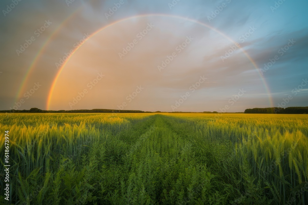 Naklejka premium Double rainbow over golden wheat field golden field