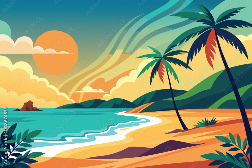 Obraz premium vibrant tropical beach scene at sunset with palm trees and calm ocean waves, evoking a sense of paradise and summer vacation vector illustration